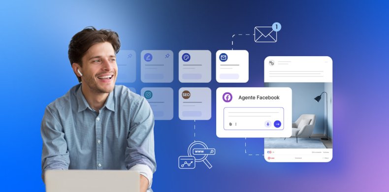 illustrazione di un impresario al computer che porta al termine vari compiti allo stesso tempo utilizzando diversi Agenti AI