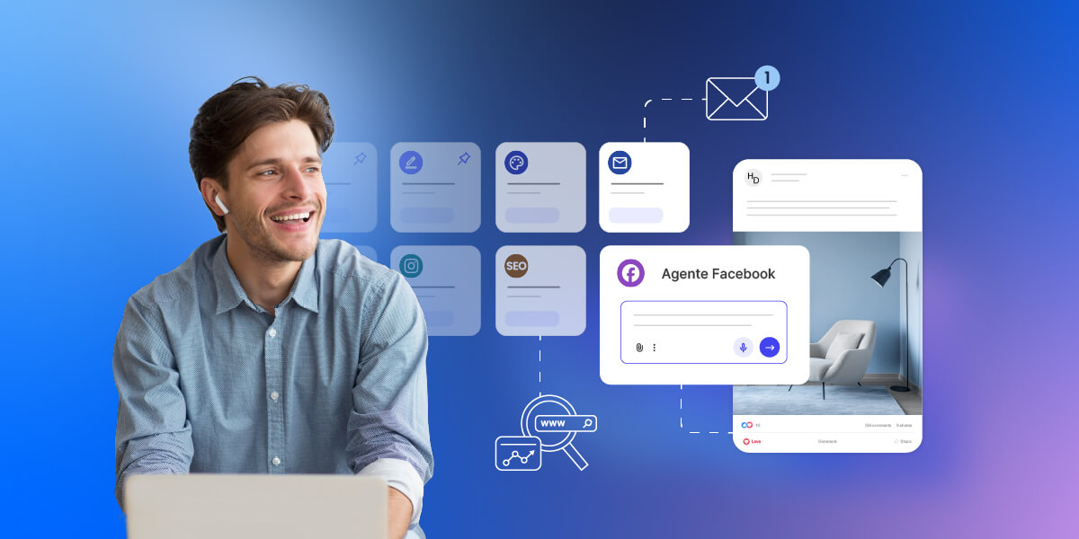 illustrazione di un impresario al computer che porta al termine vari compiti allo stesso tempo utilizzando diversi Agenti AI