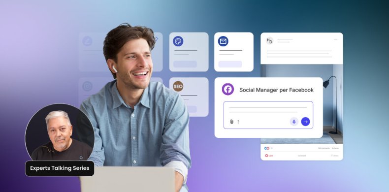 illustrazione di un impresario al computer che porta al termine vari compiti allo stesso tempo utilizzando diversi Agenti AI