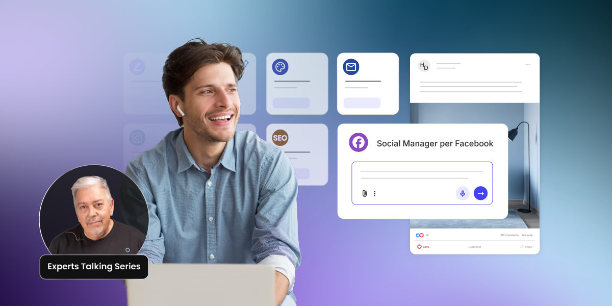 illustrazione di un impresario al computer che porta al termine vari compiti allo stesso tempo utilizzando diversi Agenti AI