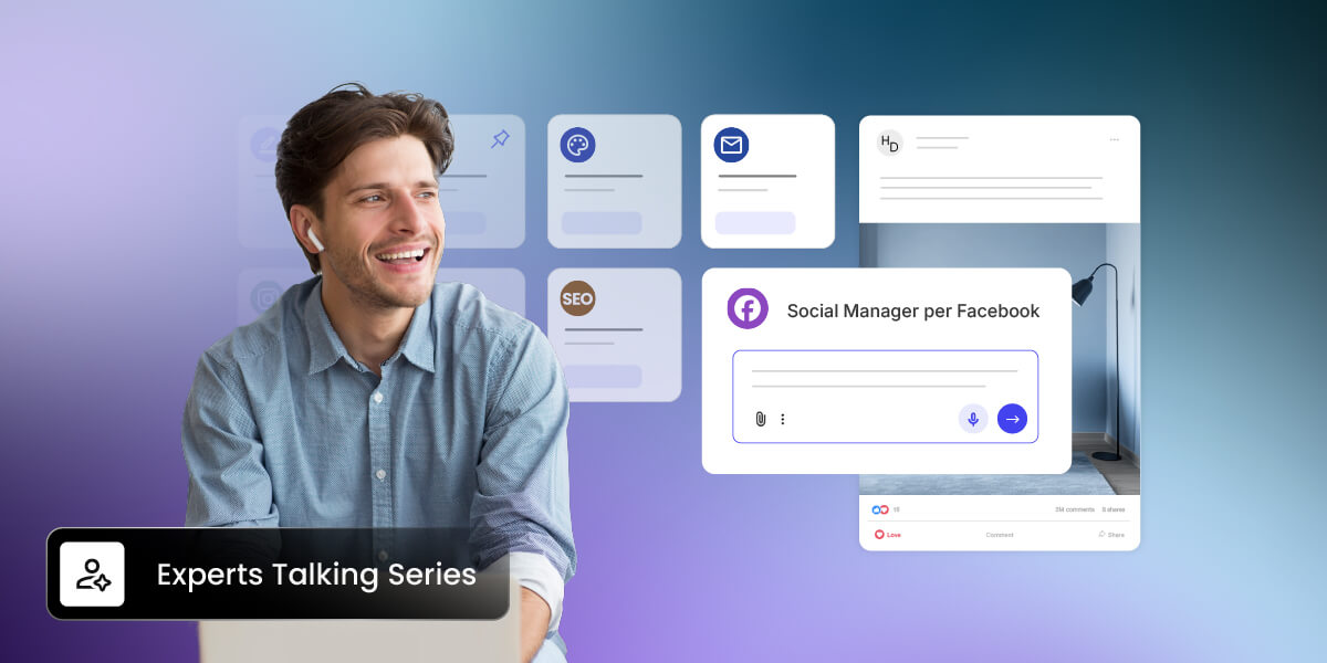 illustrazione di un impresario al computer che porta al termine vari compiti allo stesso tempo utilizzando diversi Agenti AI