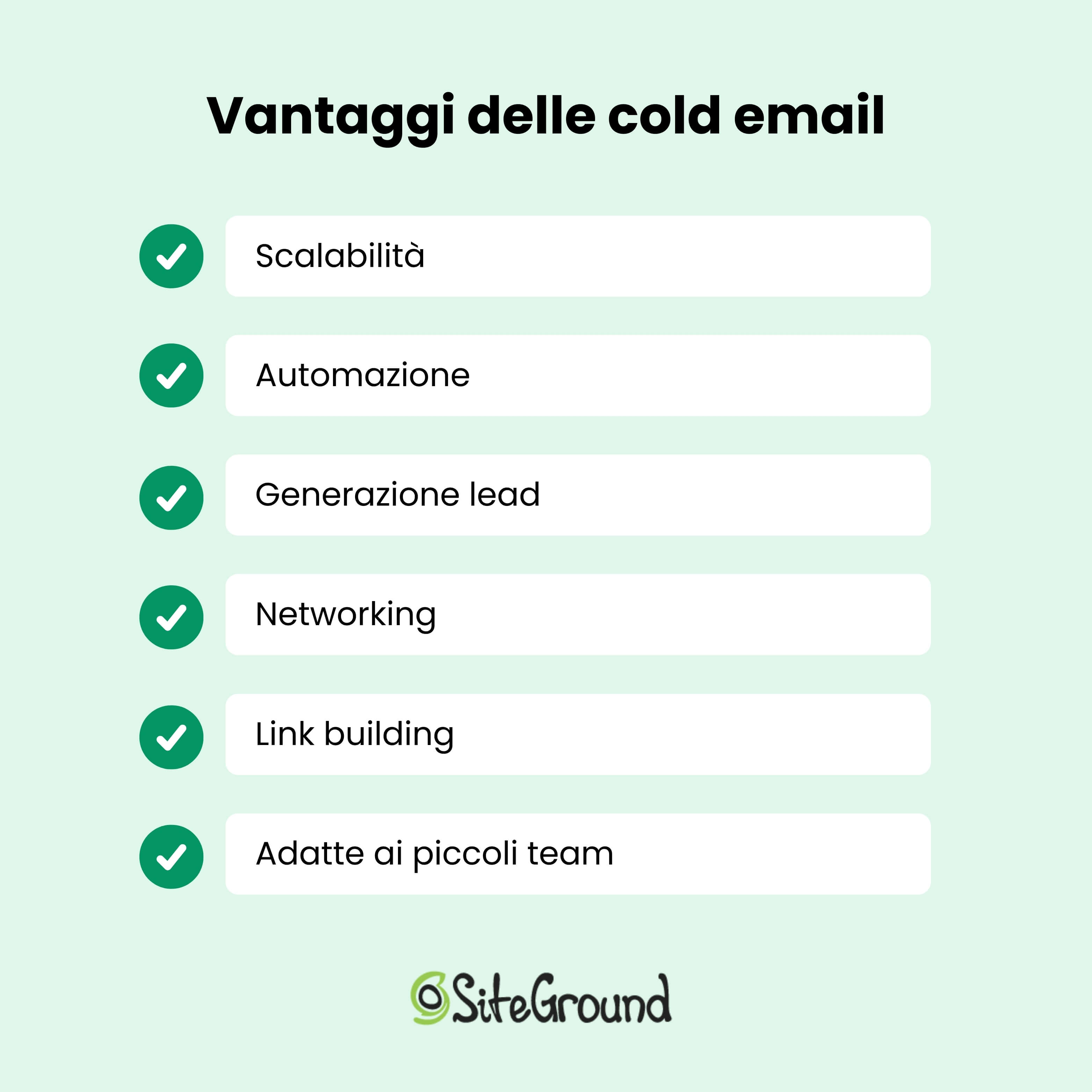 riassunto schematico dei vantaggi delle cold email: scalabilità, automazione, generazione lead, networking, link building, adattamento ai piccoli team