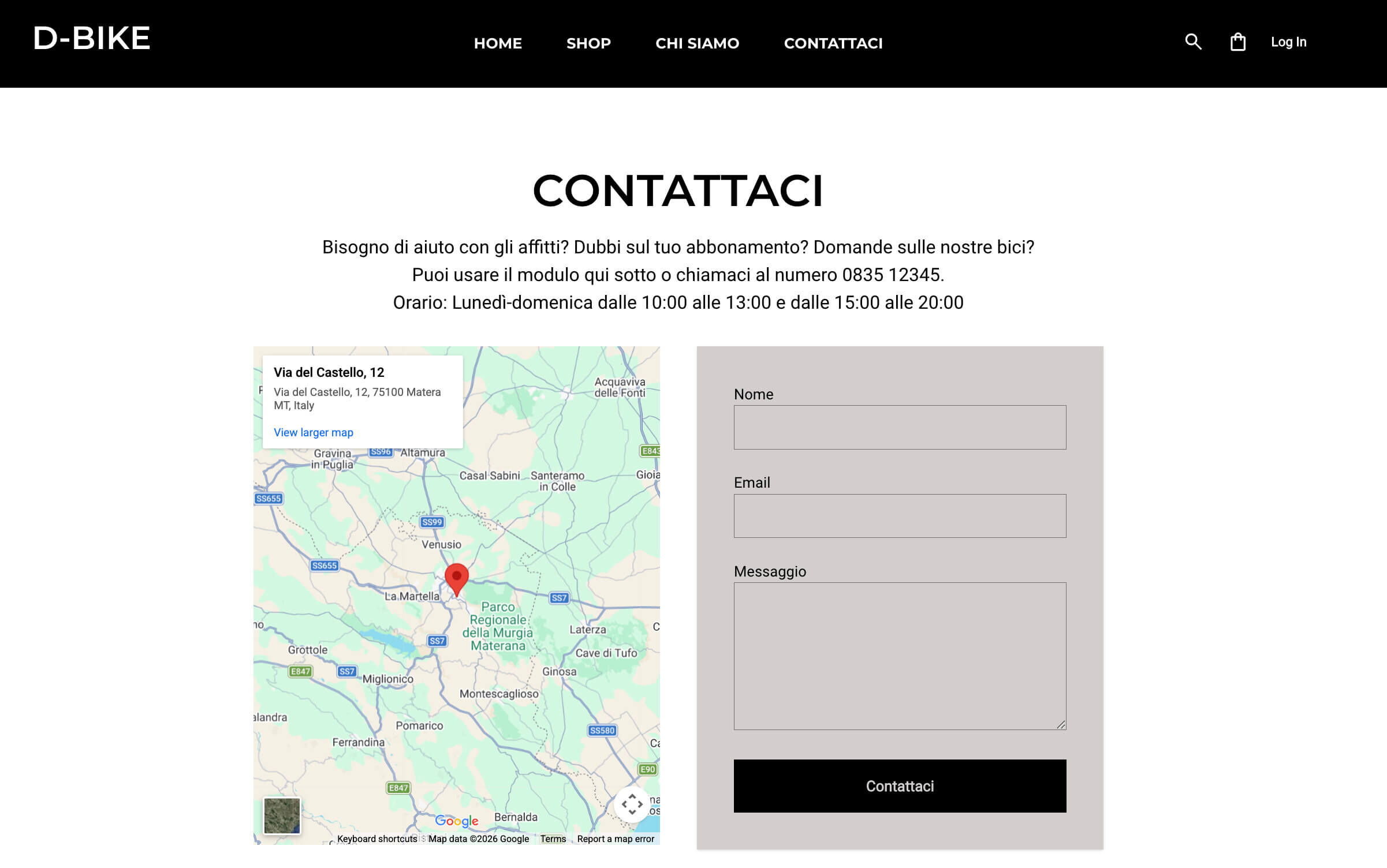 screenshot della pagina contatti di  un servizio noleggio bici dove mappa e indirizzo sono visibili accanto al modulo contatti