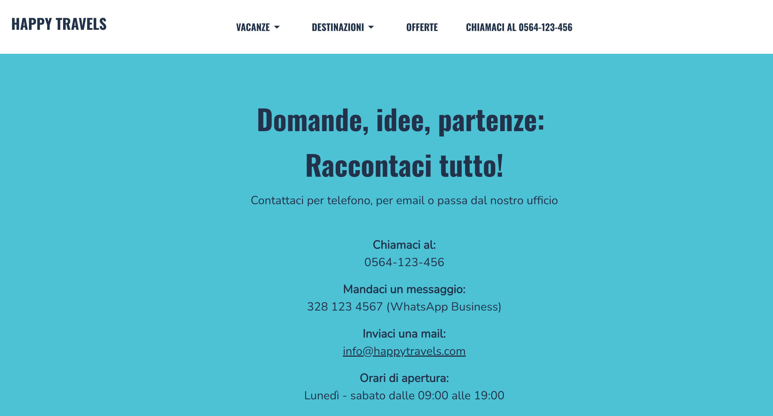 screenshot di una pagina contatti di un'agenzia di viaggi dove appaiono un numero fisso, whatsapp business, email e orari di apertura