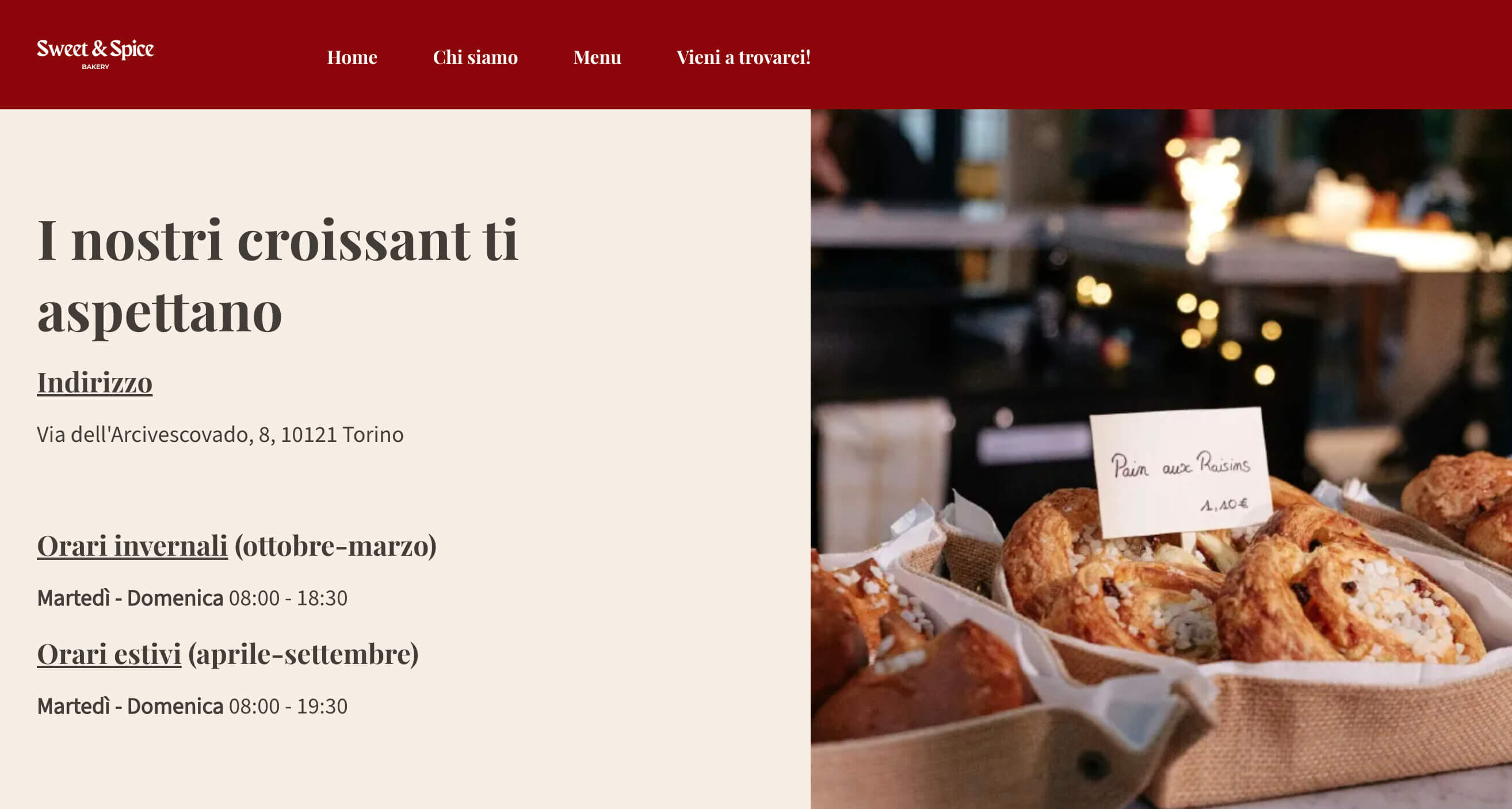 screenshot della pagina contatti di un caffè pasticceria, dove appaiono gli orari invernali ed estivi, insieme all'indirizzo