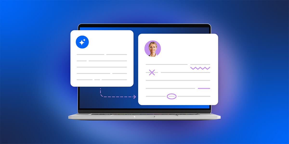illustrazione di uno schermo con due testi, uno generato da IA e uno redattato da un utente umano