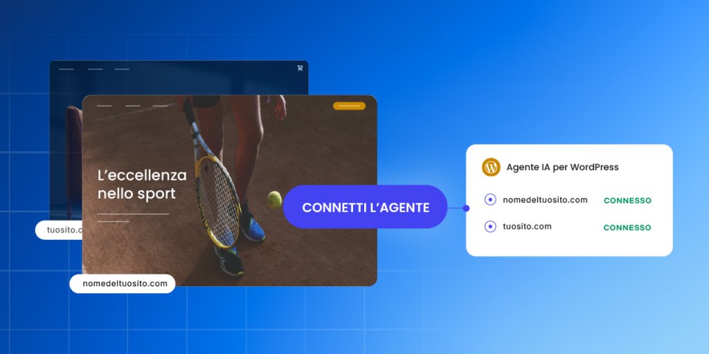 Visualizzazione simile a una dashboard di diversi siti Web WordPress, tutti collegati a un pannello AI Agent for WordPress che mostra più domini contrassegnati come connessi per la gestione unificata di più siti.