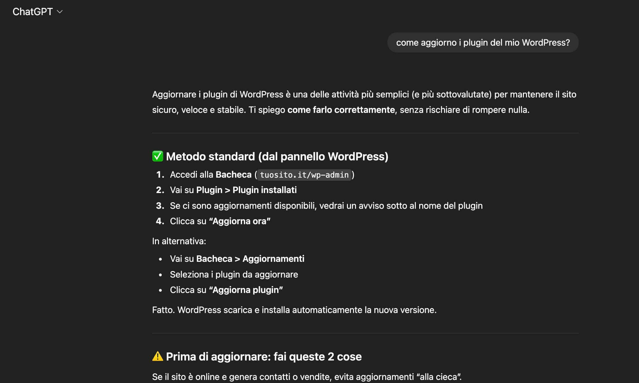 screenshot di una conversazione con ChatGPT dove un utente chiede come aggiornare plugin di WordPress. la risposta è lunga e generica
