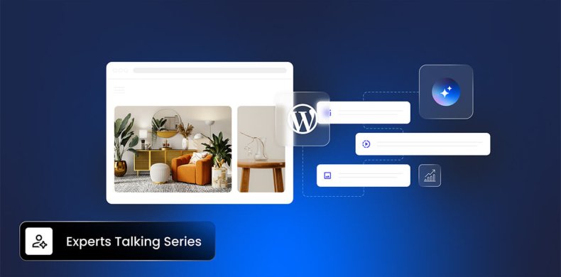 illustrazione di una pagina WordPress circondata da icone di plugin AI. In basso, un'etichetta legge Experts Talking Series