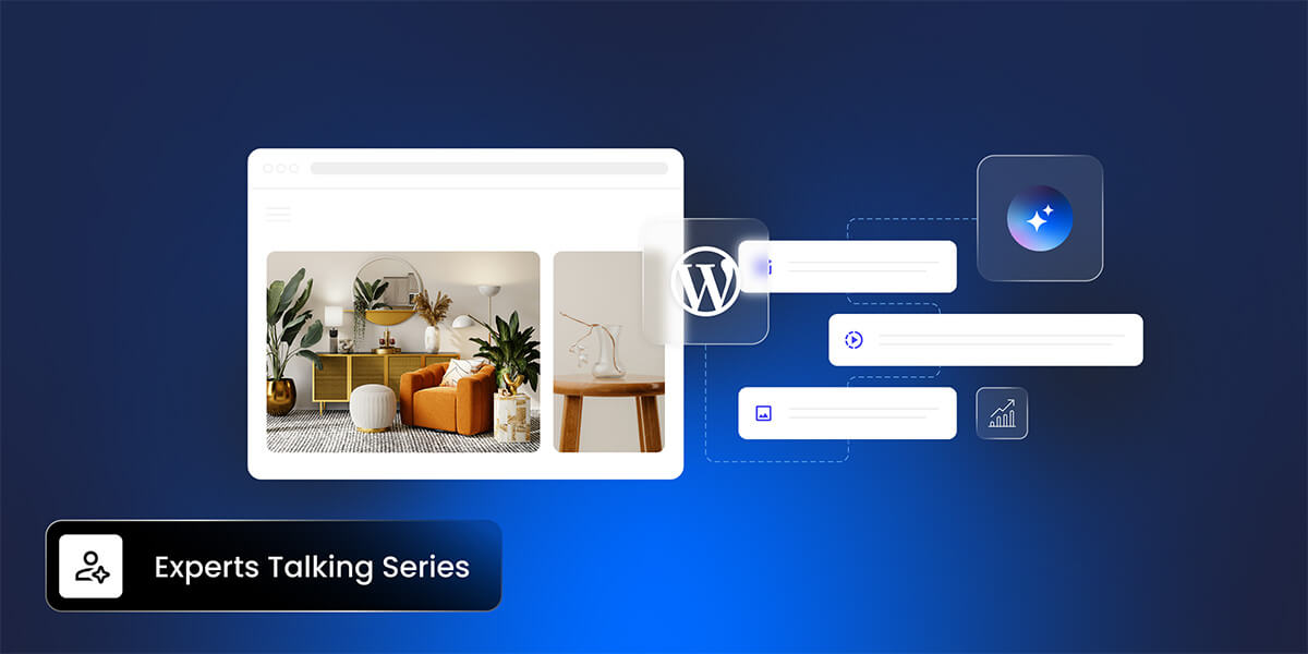 illustrazione di una pagina WordPress circondata da icone di plugin AI. In basso, un'etichetta legge Experts Talking Series