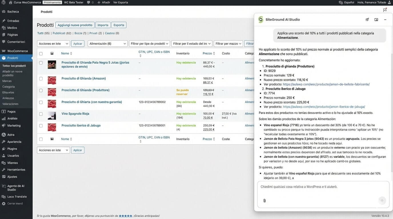 screenshot di una pagina prodotti WooCommerce dove l'Agente AI di AI Studio sta cambiando i prezzi di prodotti specifici