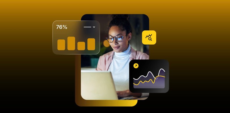 illustrazione che mostra una donna che lavora al computer circondata da grafici, dati statistici e icone di analisi