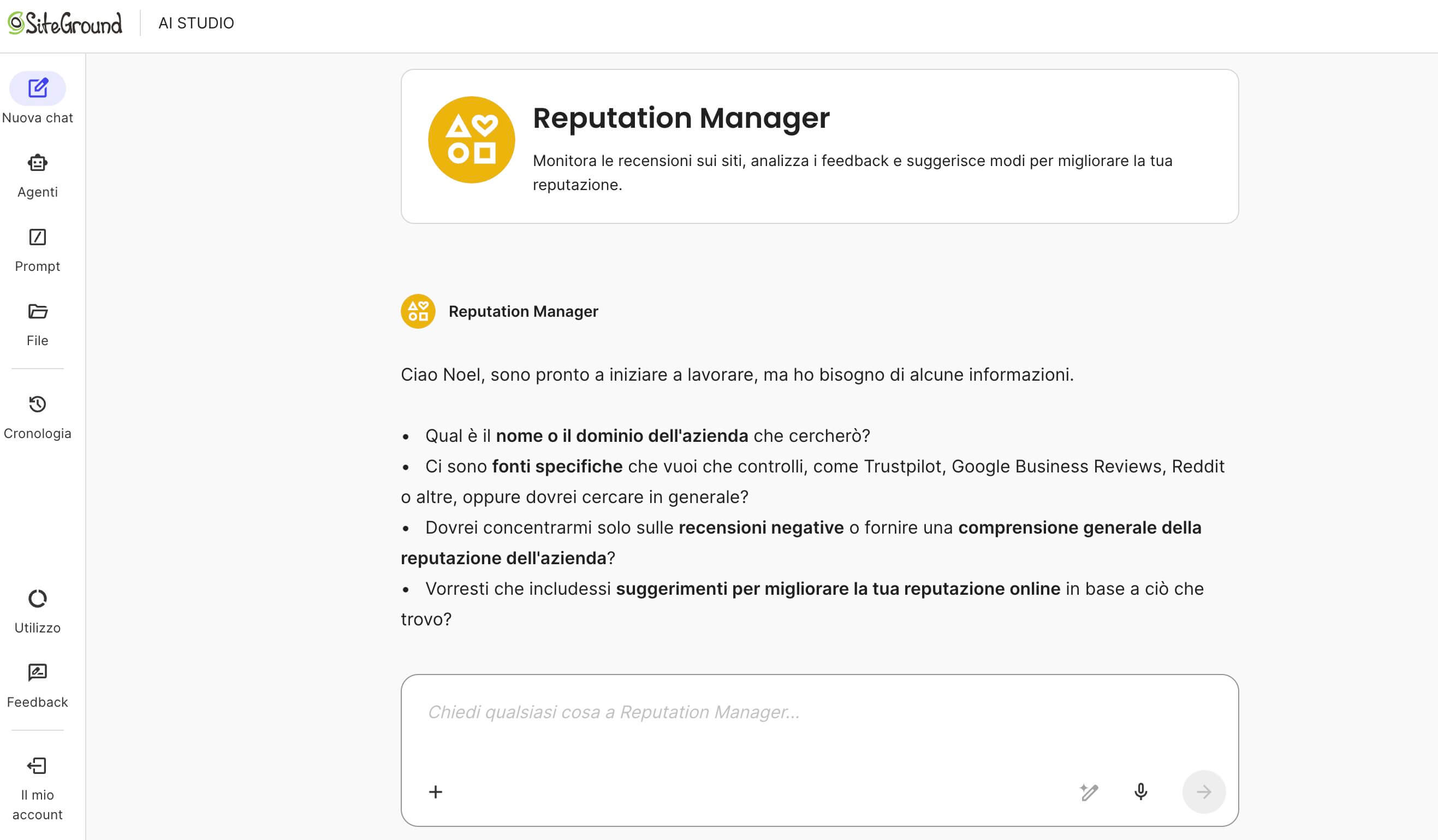 screenshot dell'agente AI Reputation Manager di SiteGround AI Studio