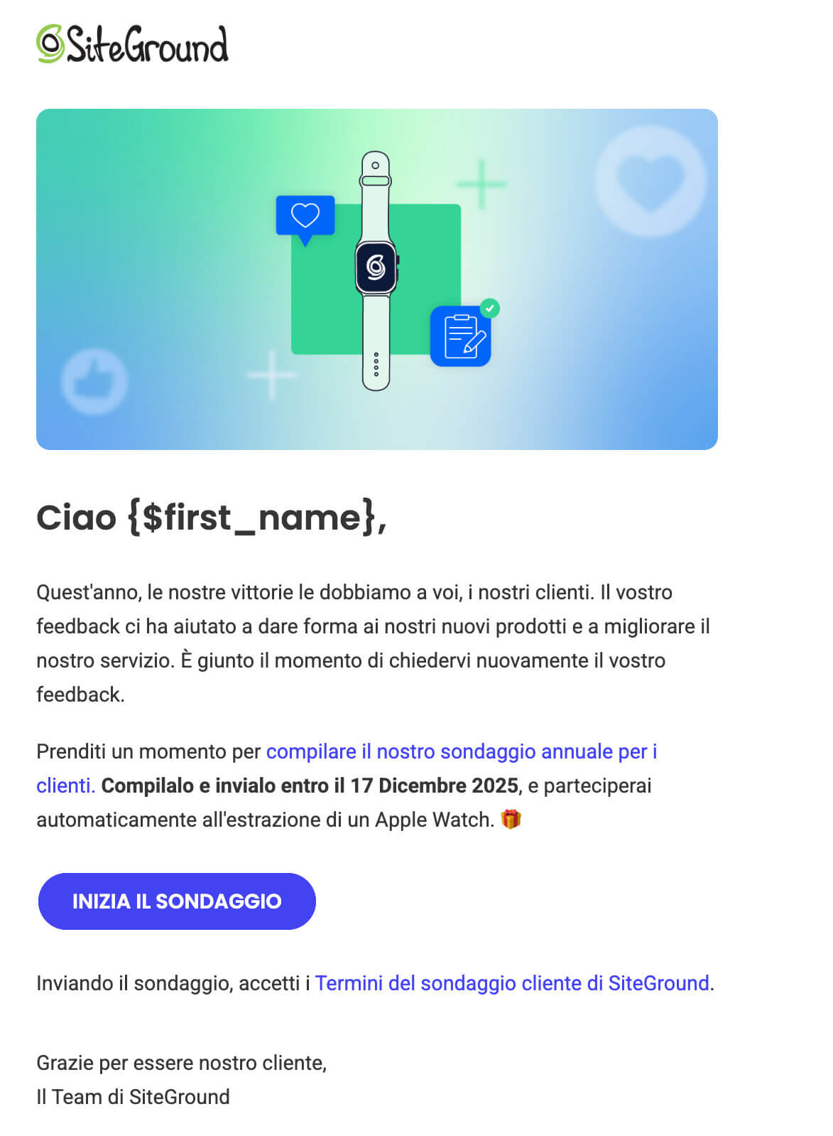 screenshot di una mail di richiesta feedback inviata da SiteGround ai propri clienti