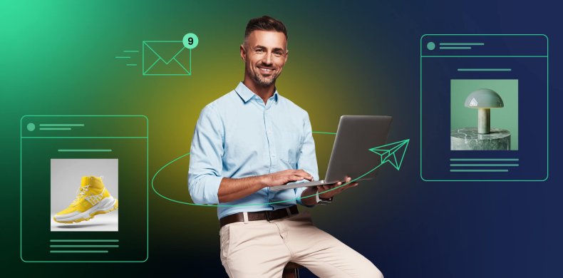 illustrazione di una persona seduta ad inviare email, con attorno icone di invio, email ricevute e layout email