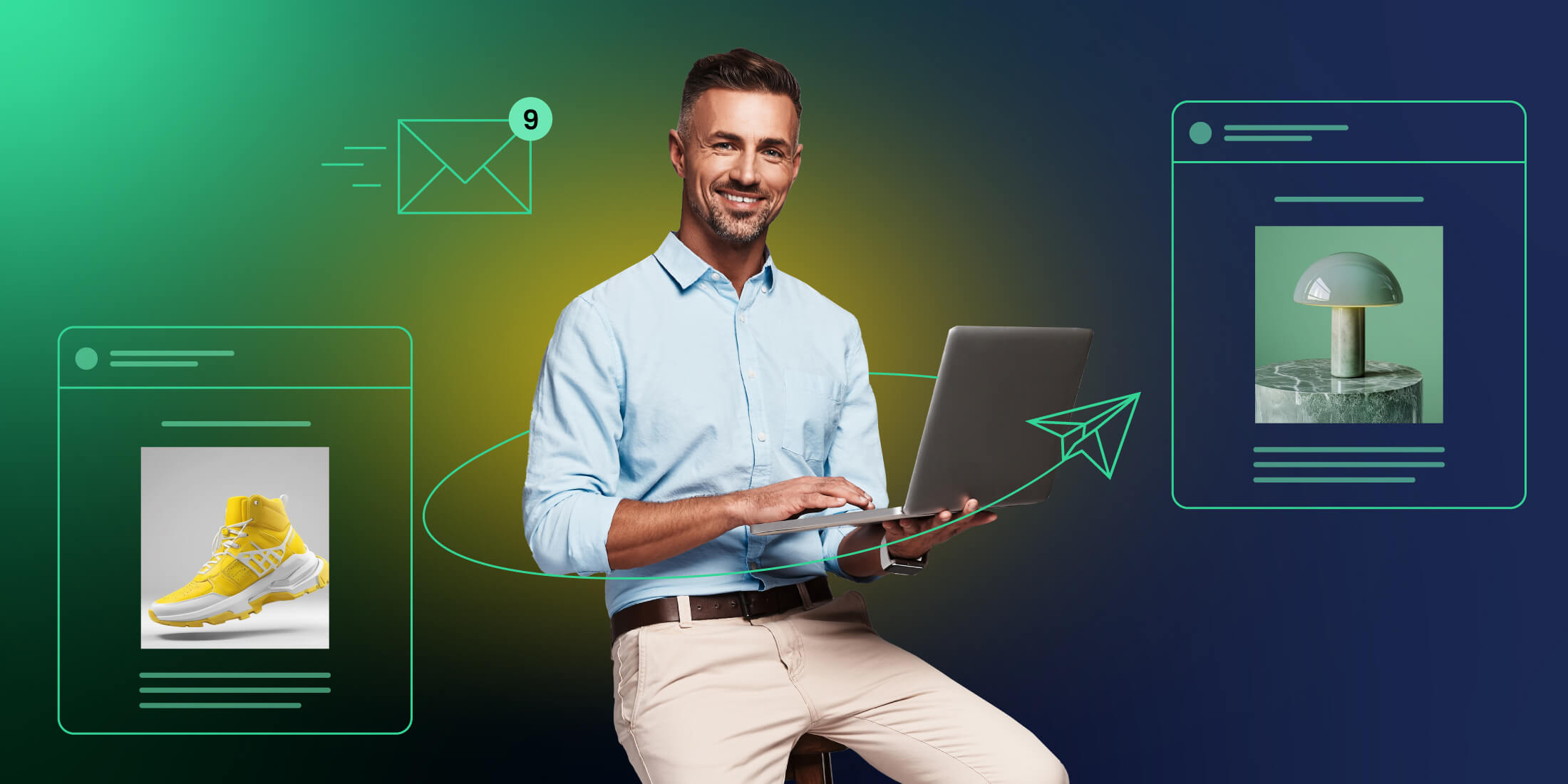 illustrazione di una persona seduta ad inviare email, con attorno icone di invio, email ricevute e layout email