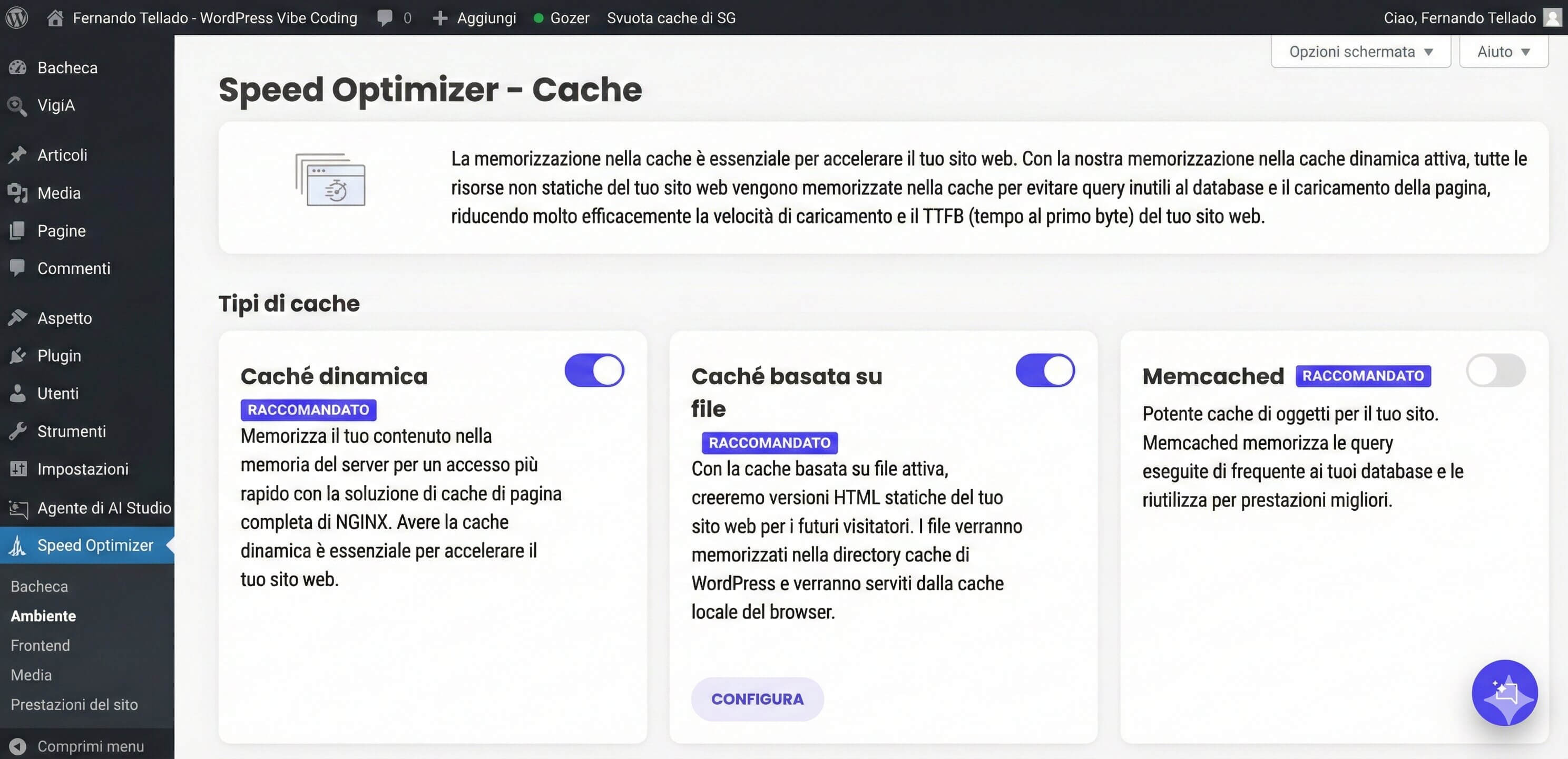 screenshot delle impostazioni Cache dello Speed Optimizer SiteGround 