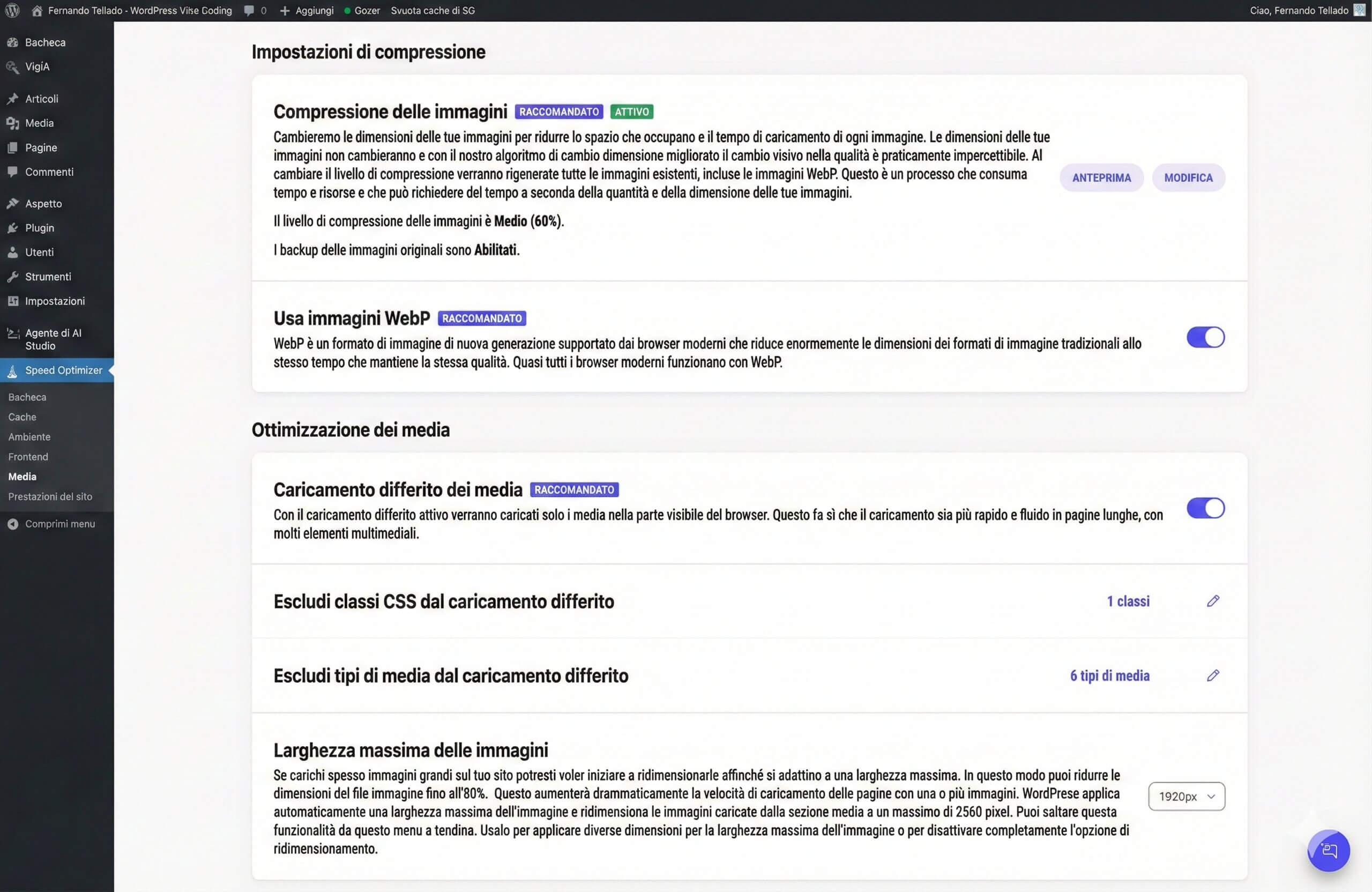 screenshot delle impostazioni di compressione immagini dello Speed Optimizer SiteGround