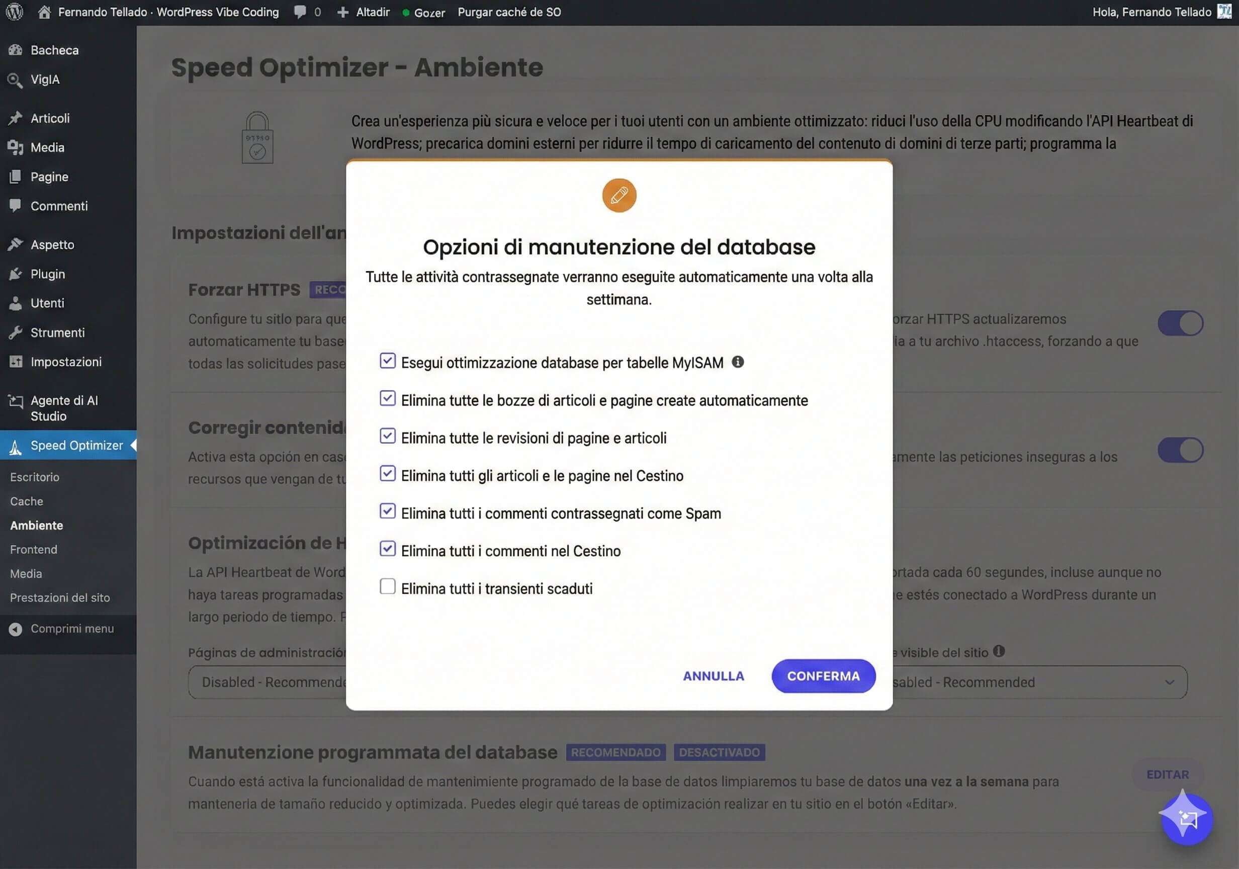 screenshot delle opzioni dello Speed Optimizer di SiteGround nella bacheca di WordPress