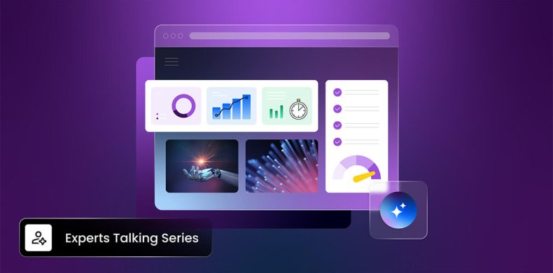illustrazione di un mockup sito con intorno icone di metriche di performance e Agenti AI. In basso l'etichetta indica "Experts Talking Series"