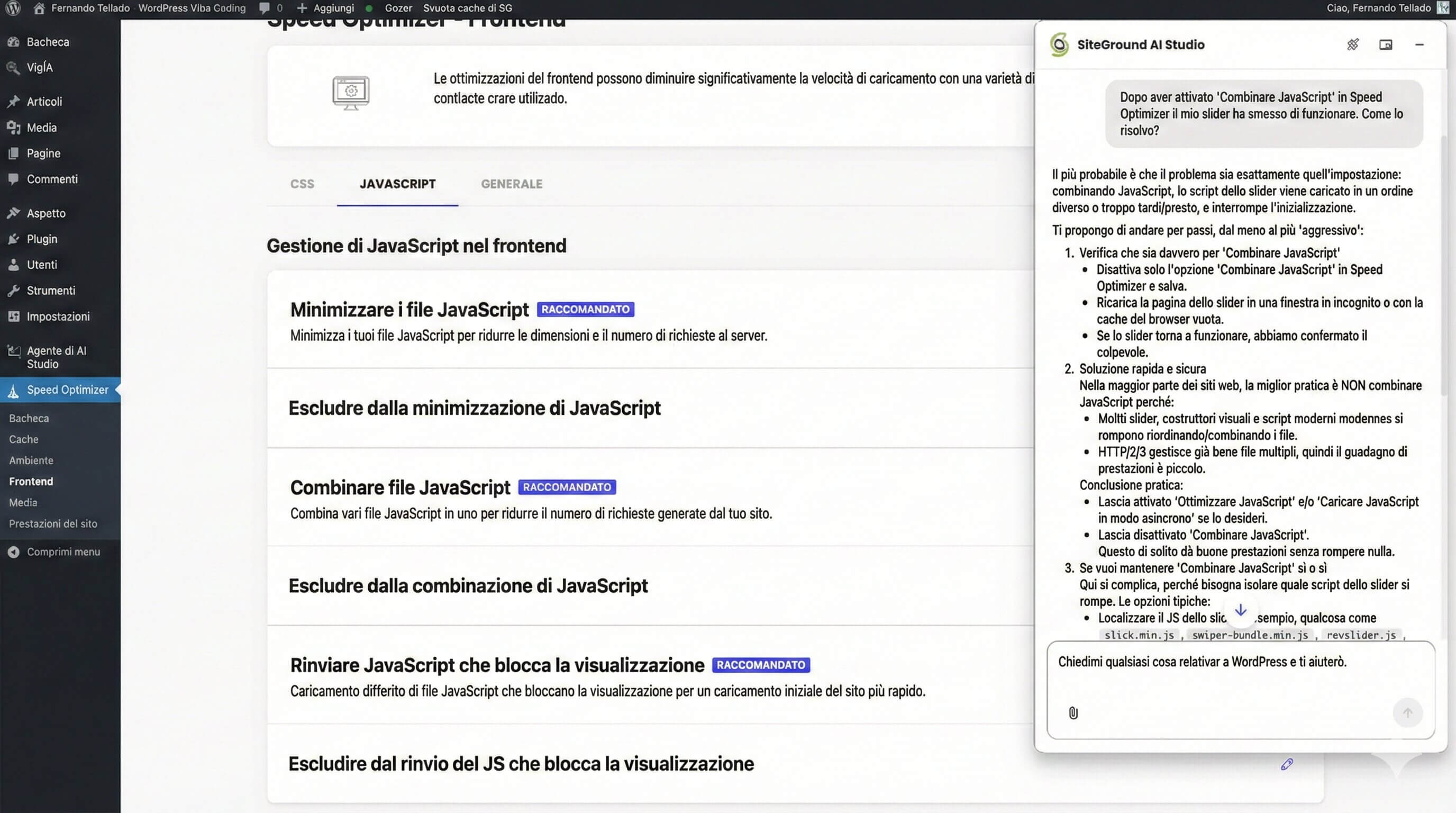 screenshot dell'Agente WordPress di AI Studio che aiuta un utente a risolvere un problema con JavaScript direttamente dalla bacheca di WordPress