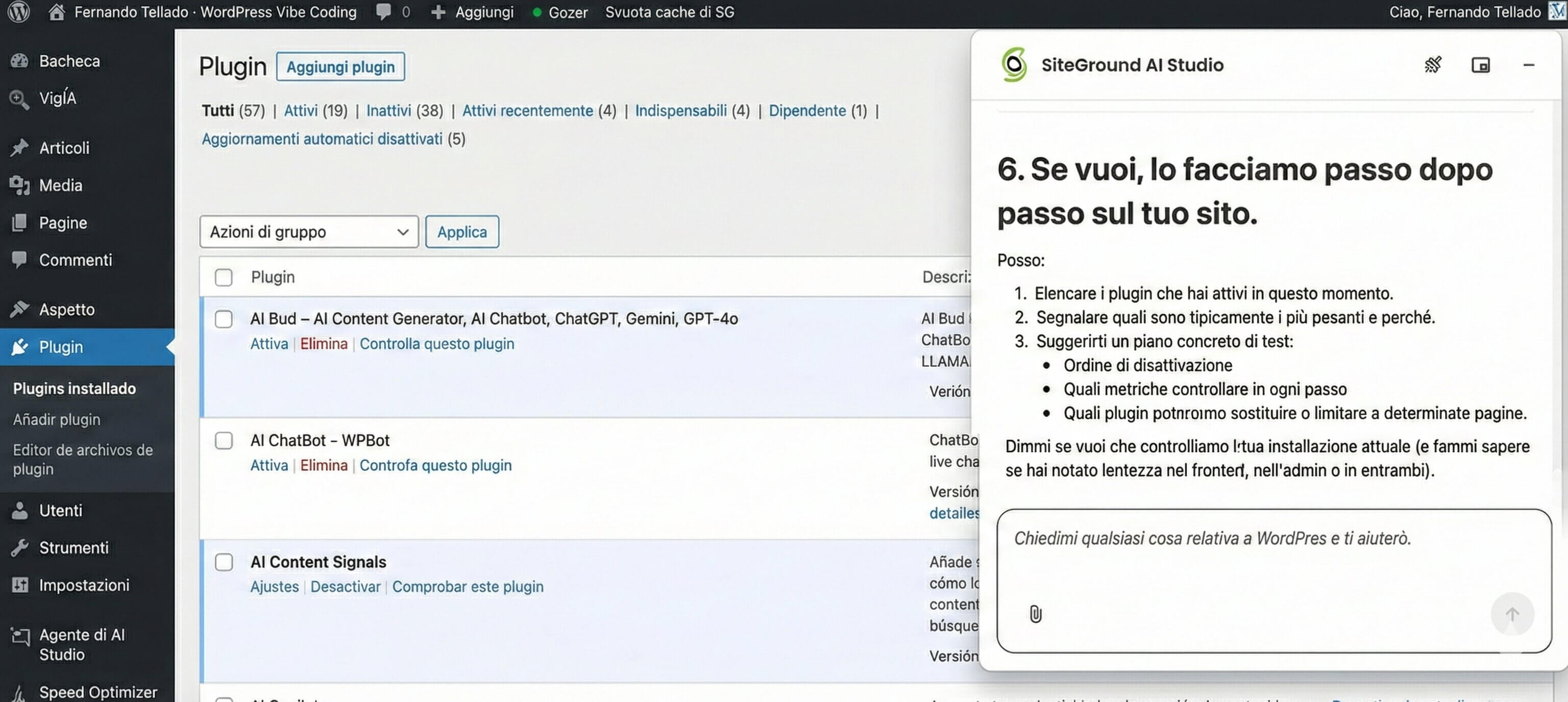 screenshot dell'Agente WordPress di AI Studio che aiuta un utente a migliorare il TTFB nella bacheca WordPress