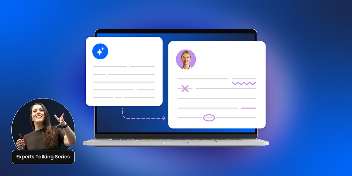 illustrazione di uno schermo con due testi, uno generato da IA e uno redattato da un utente umano. ai piedi dell'immagine, un'etichetta con la dicitura Experts Talking Series e la foto di Rosa Morel