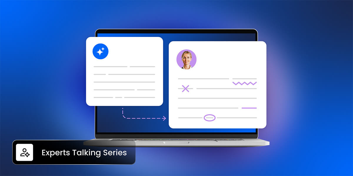 illustrazione di uno schermo con due testi, uno generato da IA e uno redattato da un utente umano. ai piedi dell'immagine, un'etichetta con la dicitura Experts Talking Series