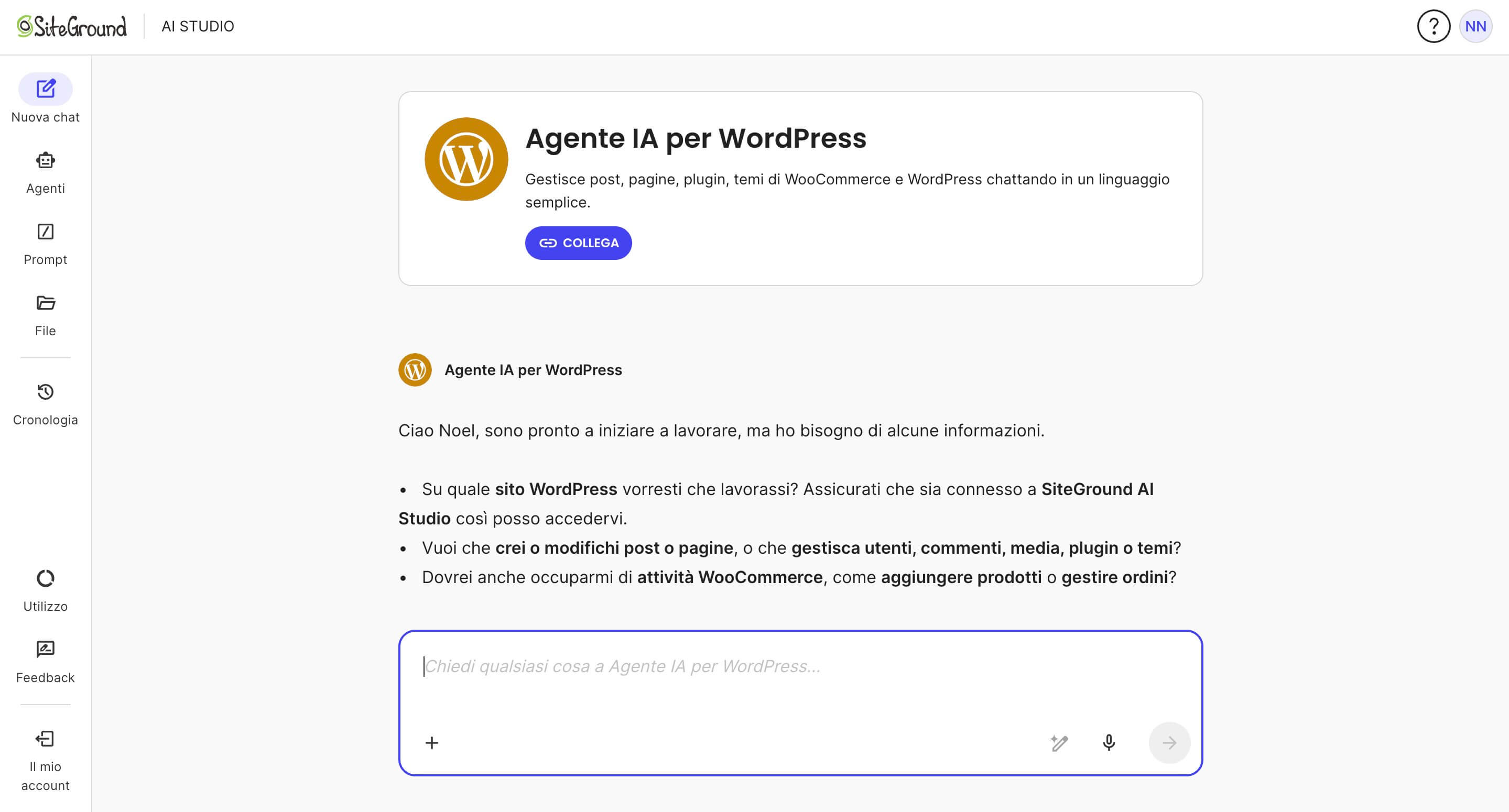 screenshot della schermata iniziale dell'Agente WordPress SiteGround nella bacheca di AI Studio
