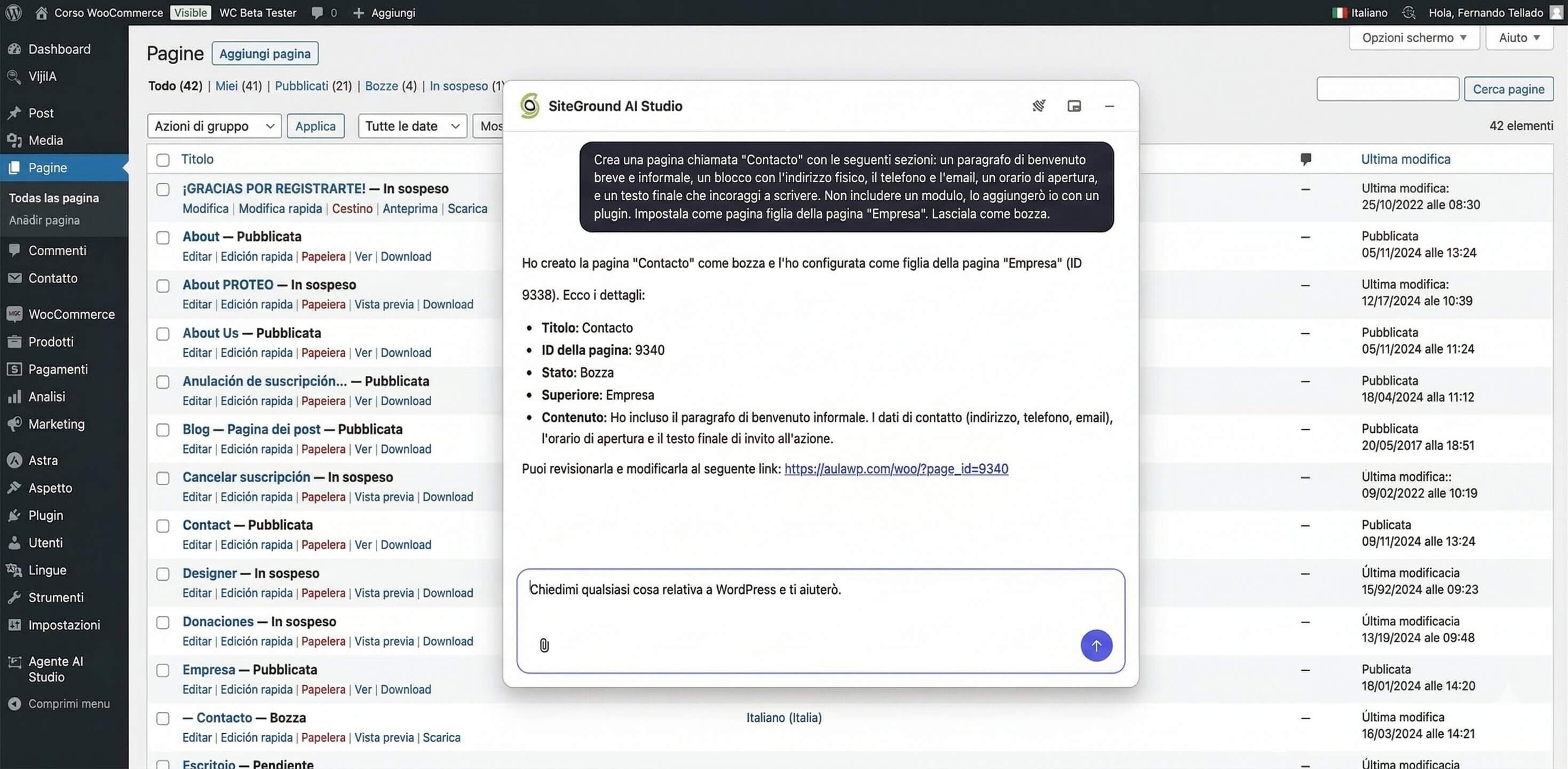 screenshot della chat del plugin dell'Agente WordPress SiteGround nella bacheca WordPress