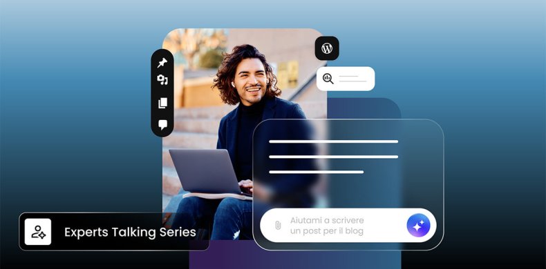 illustrazione di un professionista al lavoro con un laptop. intorno a lui ci sono icone WordPress e AI