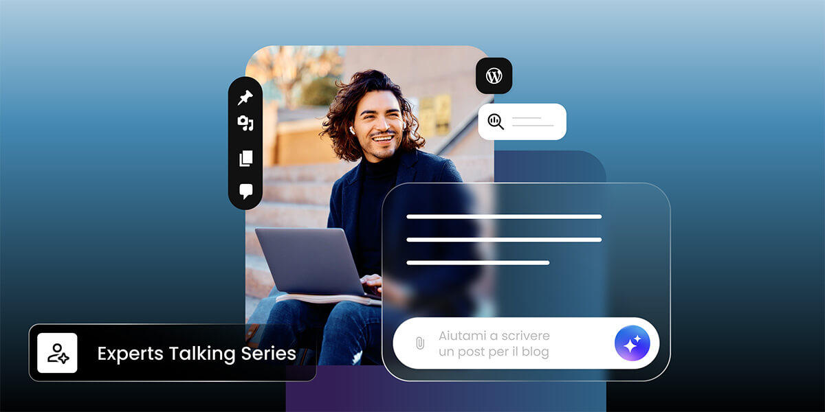 illustrazione di un professionista al lavoro con un laptop. intorno a lui ci sono icone WordPress e AI