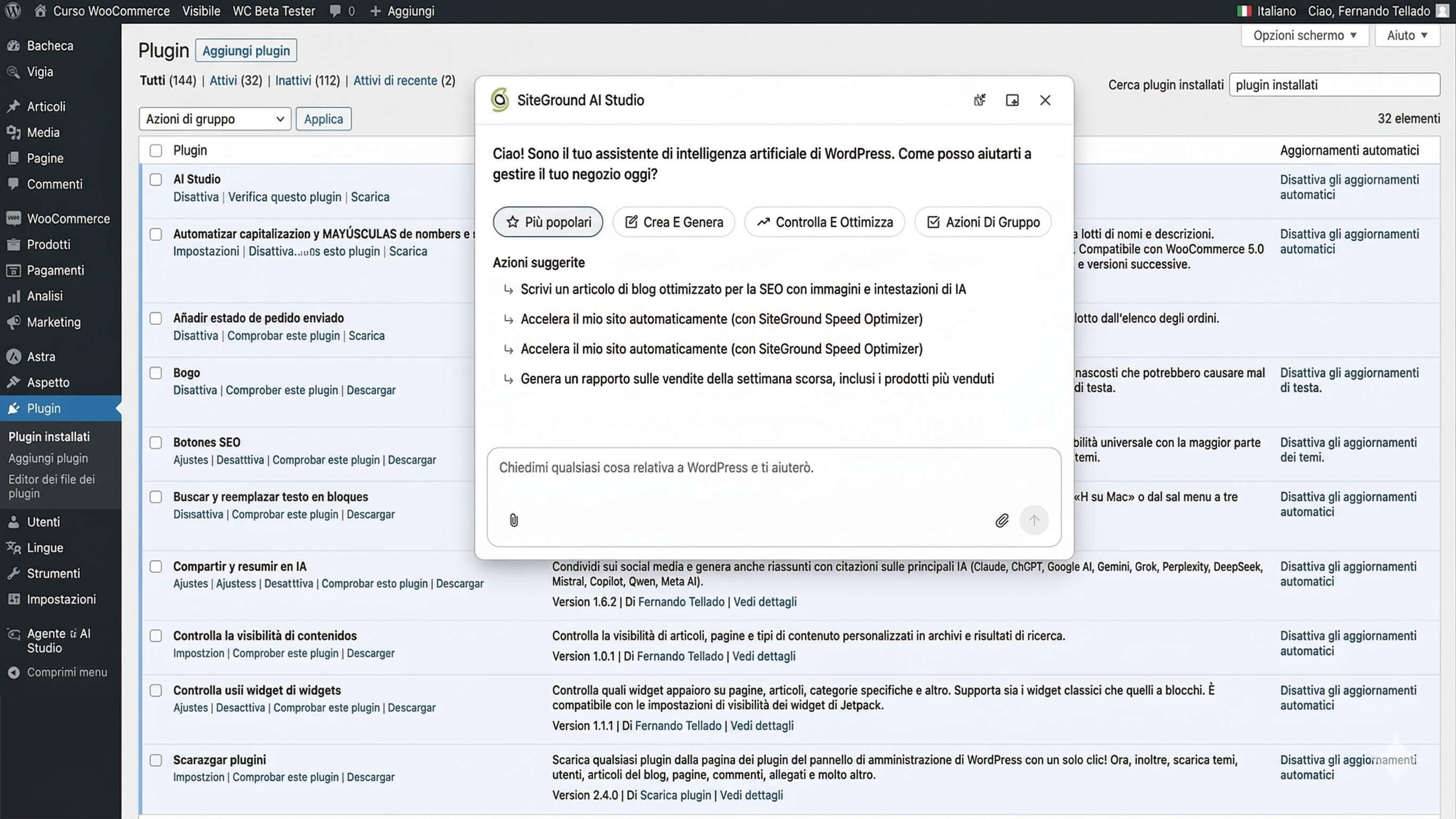 screenshot del plugin dell'Agente WordPress SiteGround nella bacheca WordPress