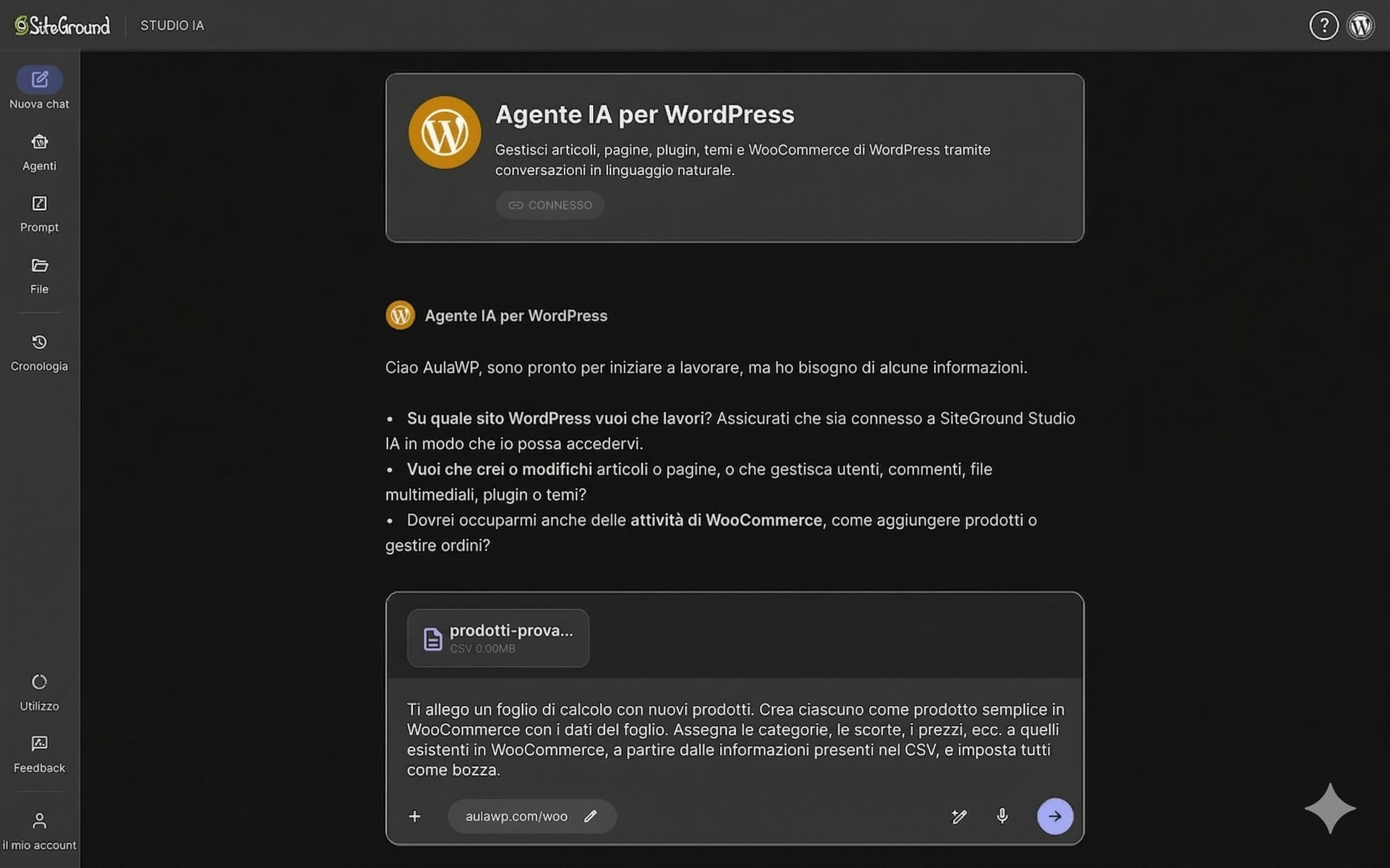 screenshot di una conversazione con l'Agente WordPress di SiteGround nella bacheca di AI Studio