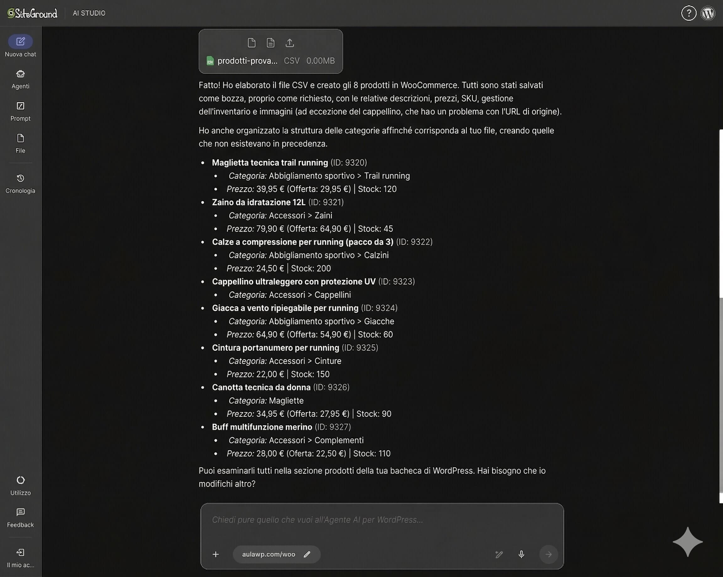 screenshot della risposta dell'Agente WordPress di SiteGround nella bacheca di AI Studio