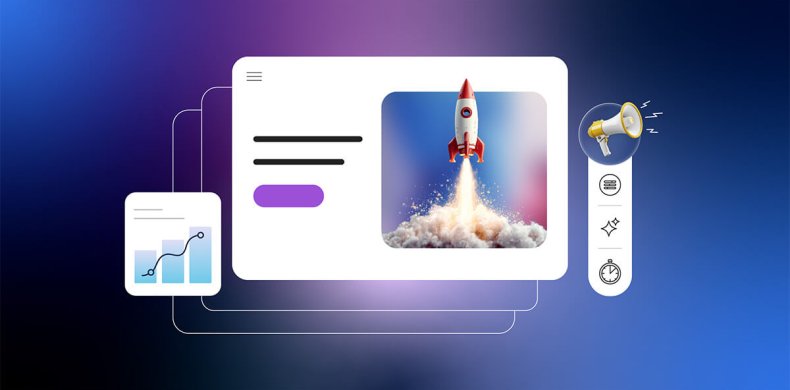 illustrazione di un mockup di pagina ecommerce circondata da icone di metriche. L'immagine di un razzo rappresenta metaforicamente il lancio del prodotto
