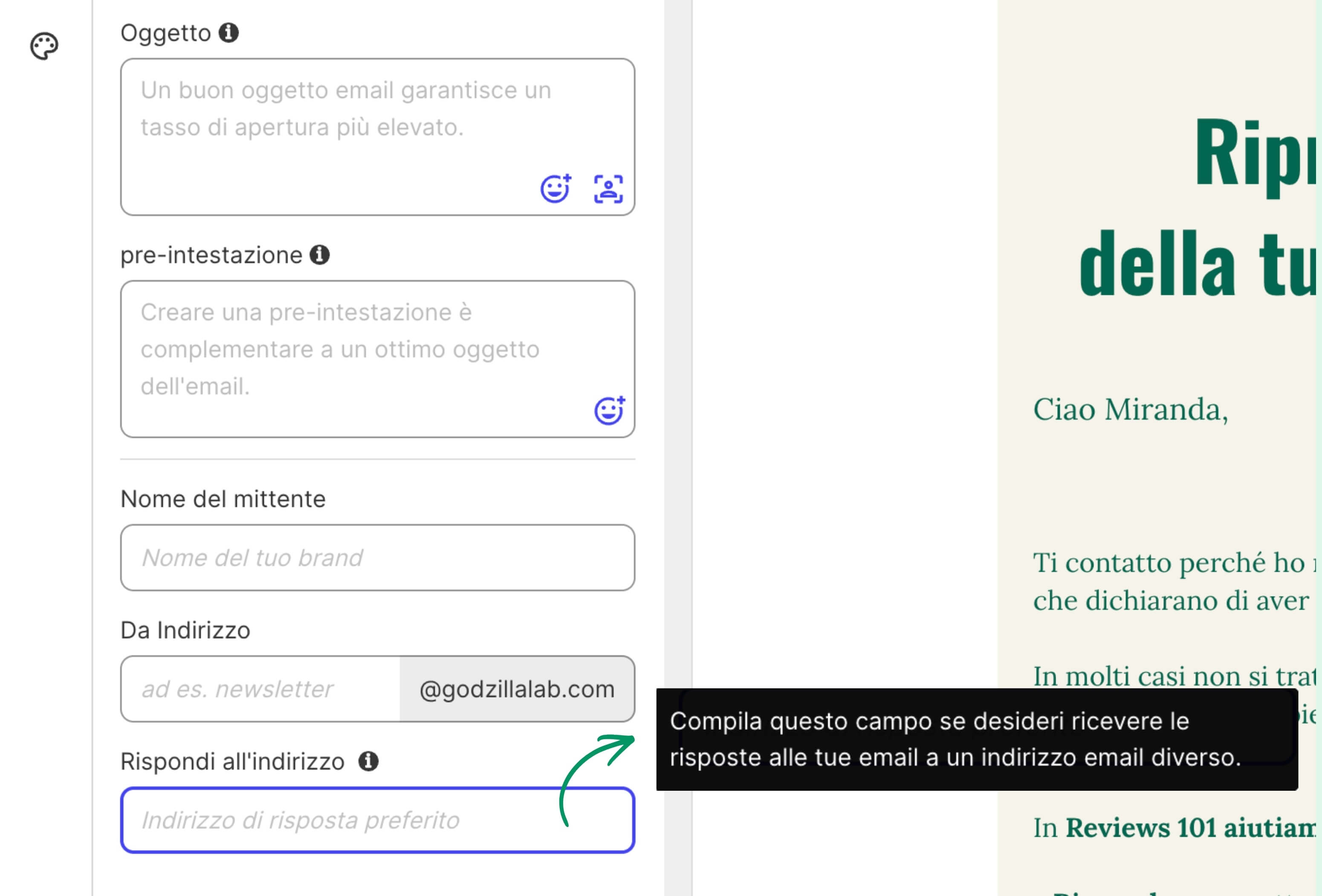 screenshot dell'editor email dello strumento Email Marketing di SiteGround, dove è possibile impostare un indirizzo di risposta diverso a quello di invio nel campo "Rispondi all'indirizzo"