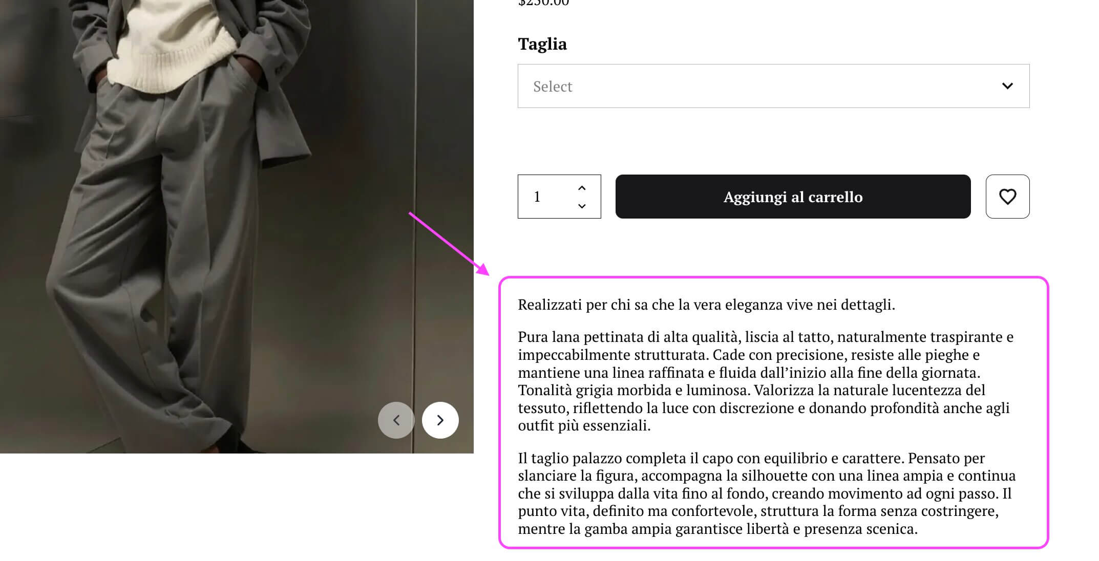 screenshot di un'altra descrizione nella scheda prodotto di un ecommerce