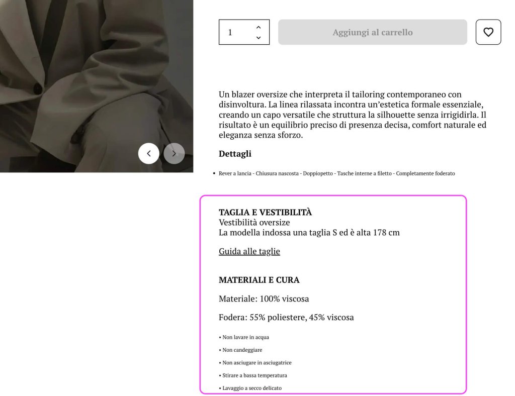 screenshot dei dettagli in una scheda prodotto di un ecommerce di abbigliamento, tra cui la guida alle taglie, i materiali e le indicazioni per il lavaggio