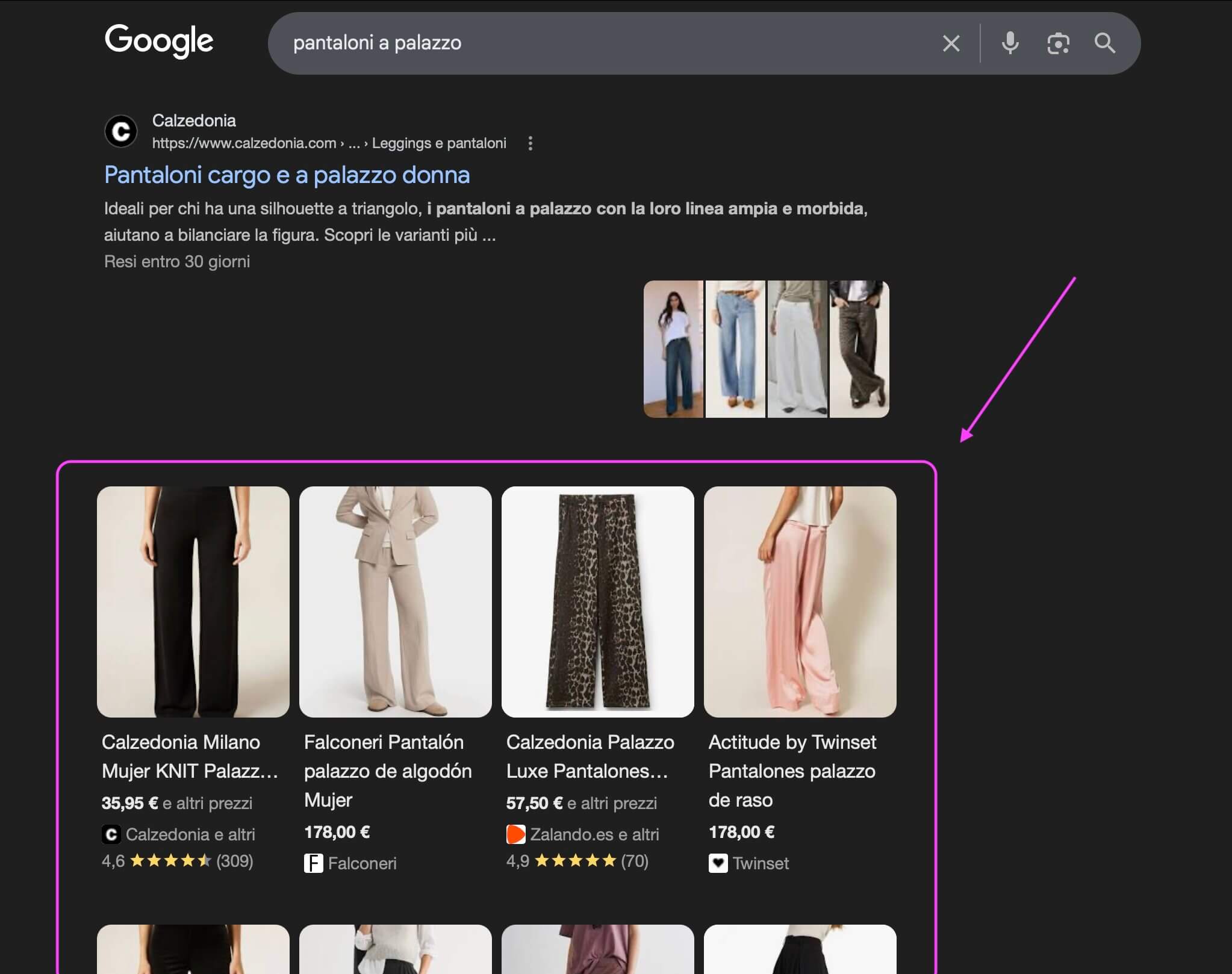 screenshot dei rich snippet in una SERP, dove appaiono titolo, immagine, prezzo e recensioni