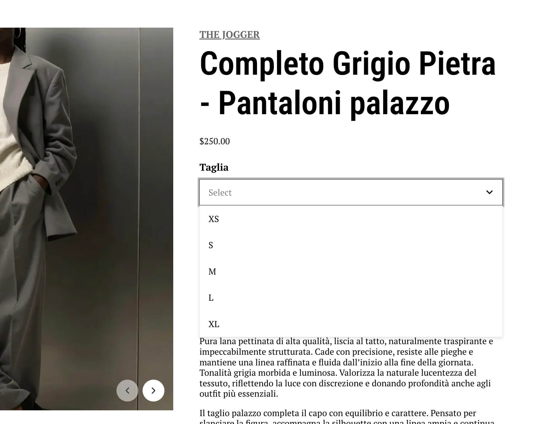 screenshot delle variabili di taglia su una scheda prodotto di un ecommerce
