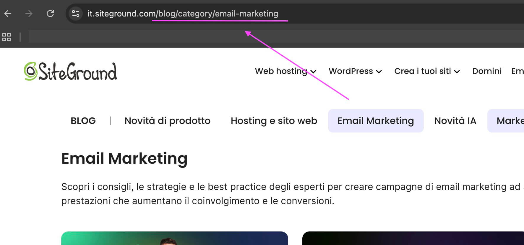 screenshot di un url nel Blog di SiteGround che riflette la categoria sull'Email Marketing