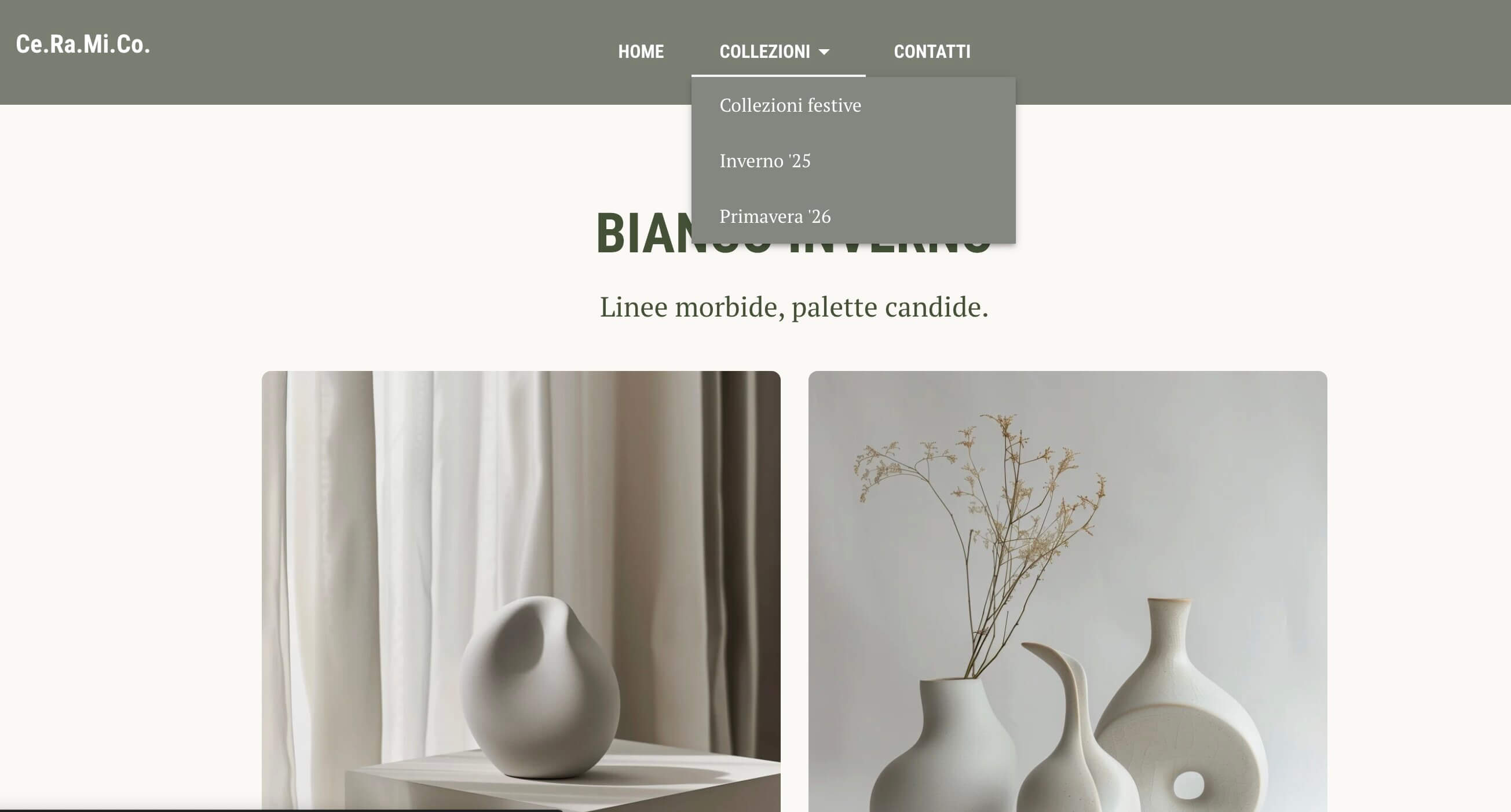 screenshot di un esempio di struttura gerarchica per un sito di ceramiche, dove la categoria "collezioni" si dirama in tre pagine diverse, una per collezione stagionale