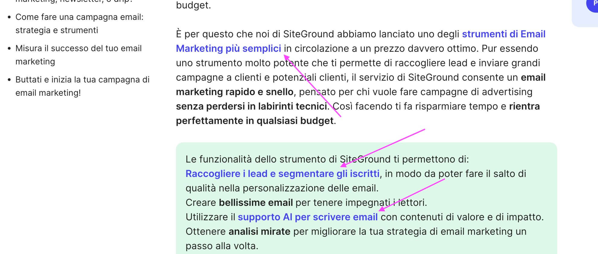 screenshot da un articolo su SiteGround dove appaiono 3 diversi articoli linkati nel testo