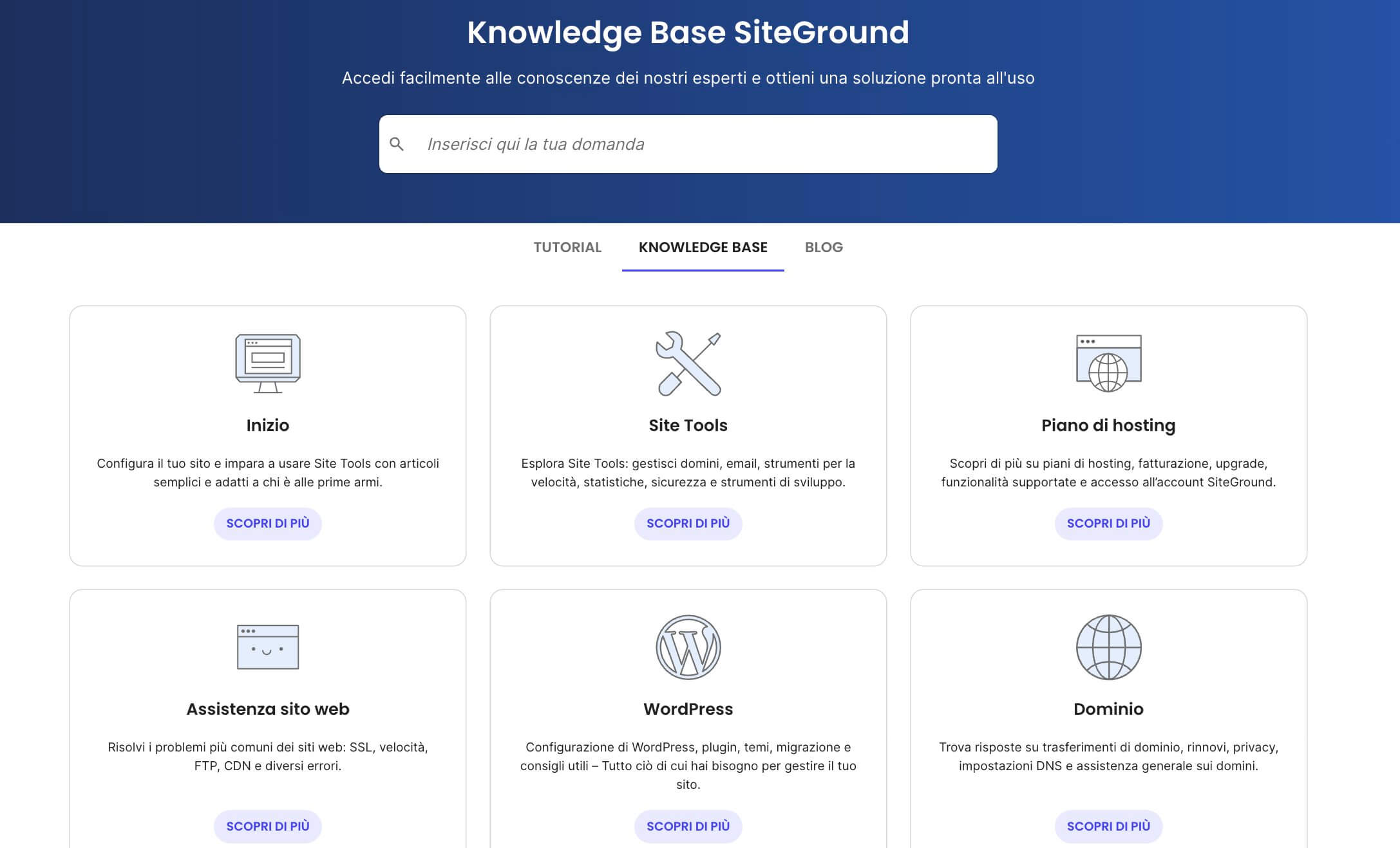 screenshot della Knowledge Base di SiteGround, che usa una struttura a matrice