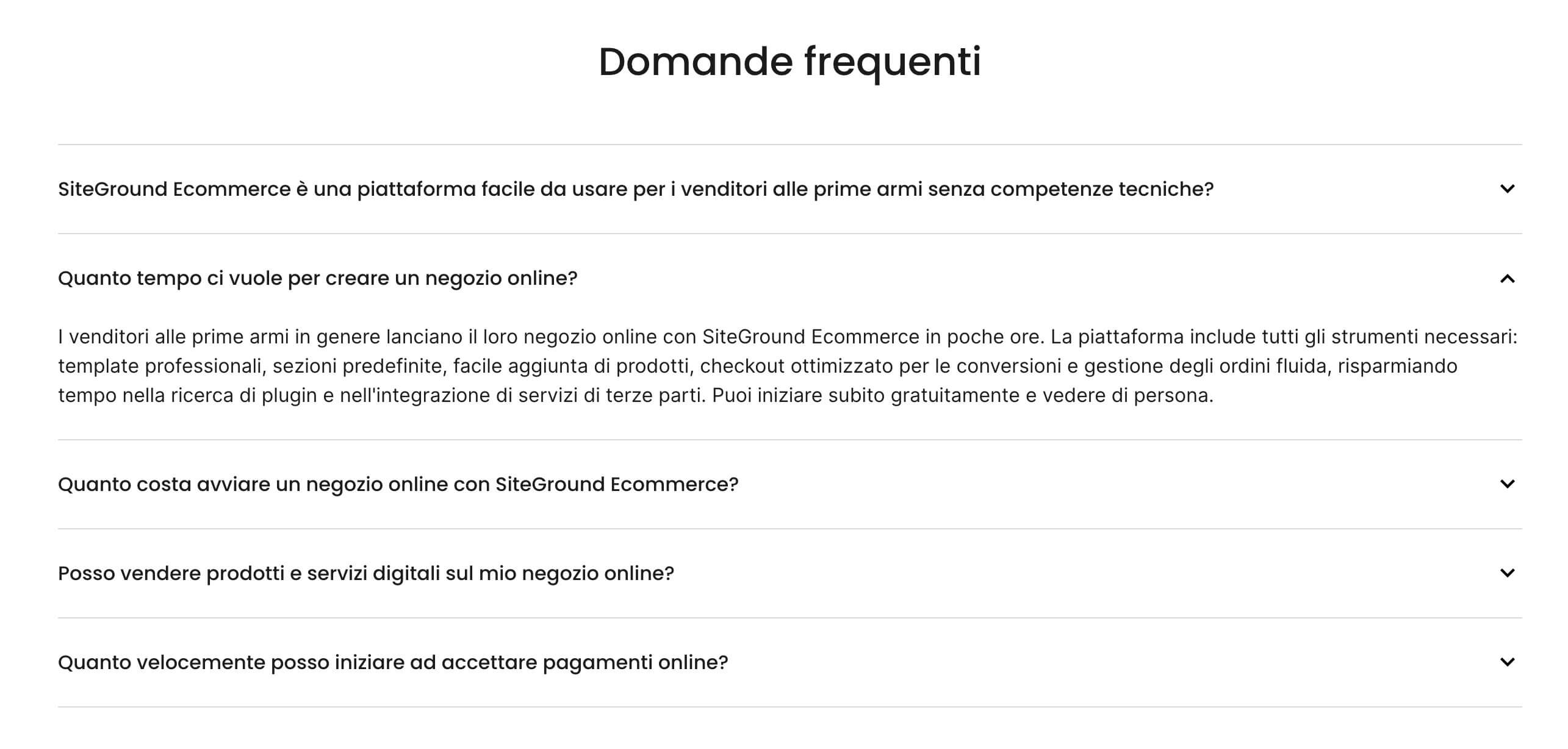 screenshot della sezione Domande Frequenti della pagina ecommerce di SiteGround, dove si punta a rispondere ai dubbi più comuni degli utenti