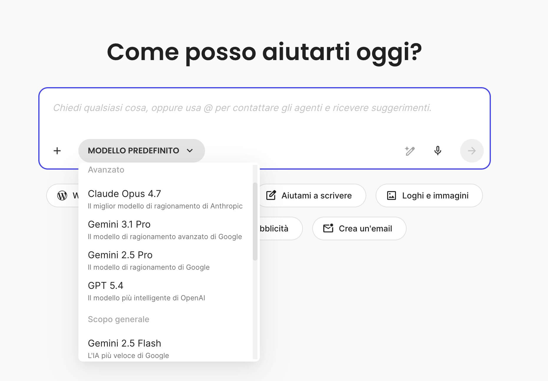 screenshot della chat generica di AI Studio dove gli utenti possono scegliere quale tra i modelli IA più importanti scegliere per rispondere alle loro domande