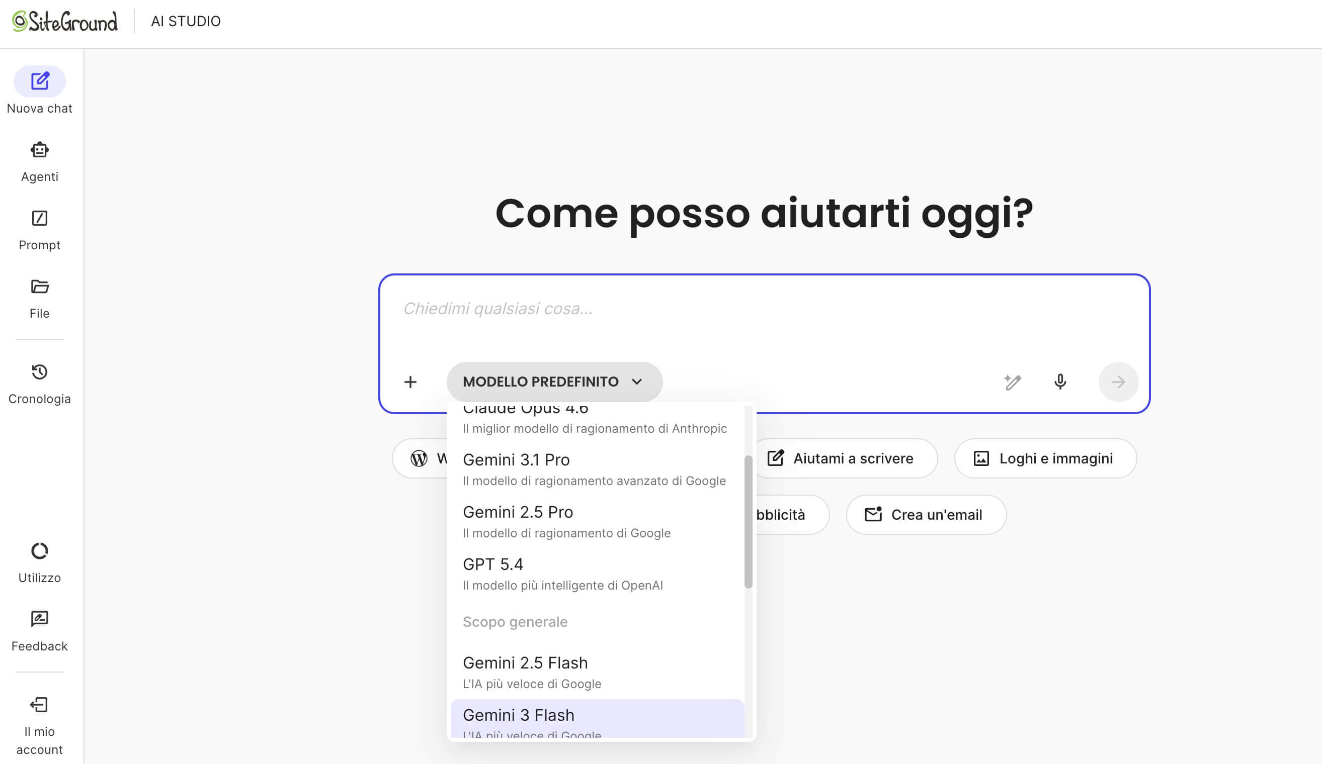 screenshot della chat principale di AI Studio, dove sono disponibili svariati modelli IA