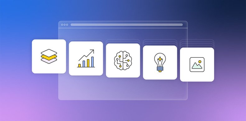 illustrazione astratta che rappresenta varie icone di strumenti IA utili alle piccole imprese