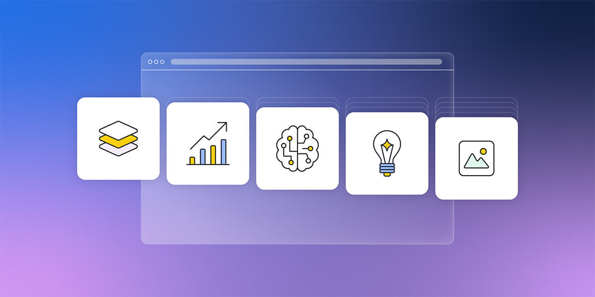 illustrazione astratta che rappresenta varie icone di strumenti IA utili alle piccole imprese